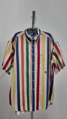 Vintage 90s Tommy Hilfiger Multi-Color Vertical Stripe Short Sleeve Shirt - Larg